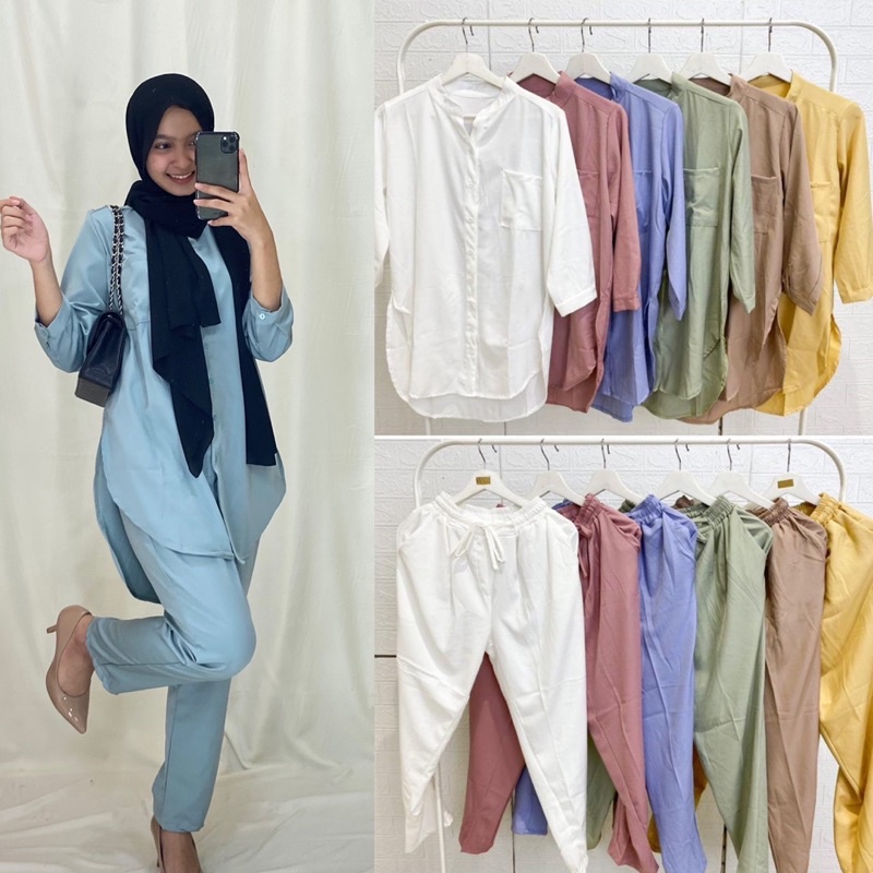 CELIA SET / ONESET BASIC / SETELAN WANITA BAHAN BOTEGA PREMIUM / SETELAN DAPAT KEMEJA + PANTS