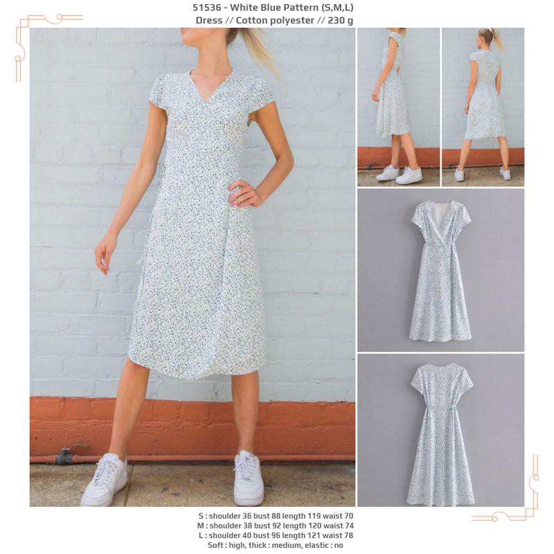 51536 White Blue Pattern Dress / Dress Casual Panjang Biru Putih