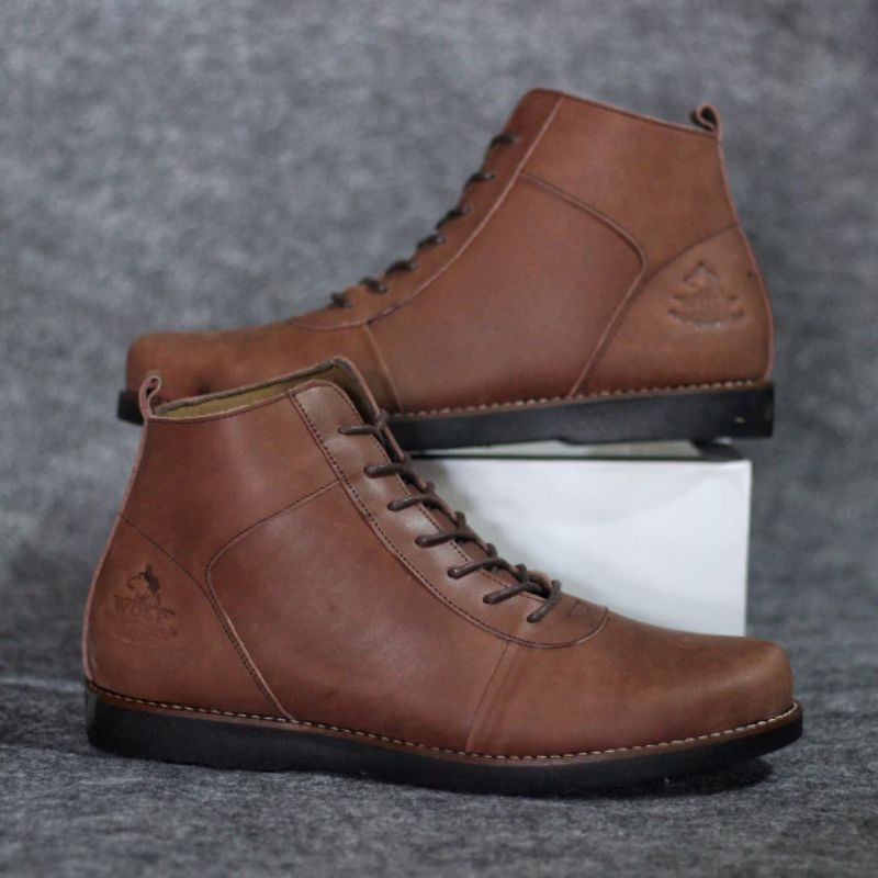 FULL LEATHER SEPATU BOOT KULIT ASLI (kulit sapi) WOLF GOLDEN ORIGINAL KASUAL SEMI FORMAL