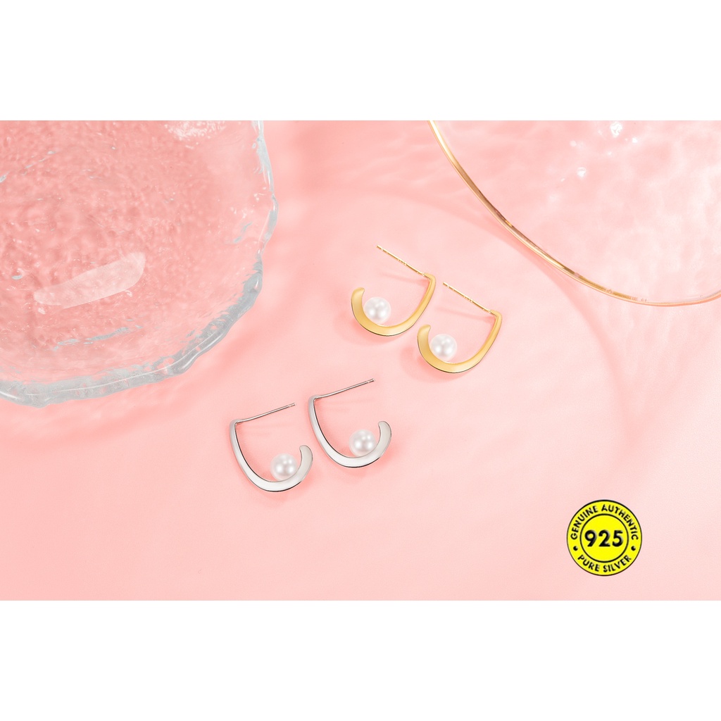 Anting Tusuk Sterling Silver 925 Desain Huruf J Hias Mutiara Kecil Untuk Wanita