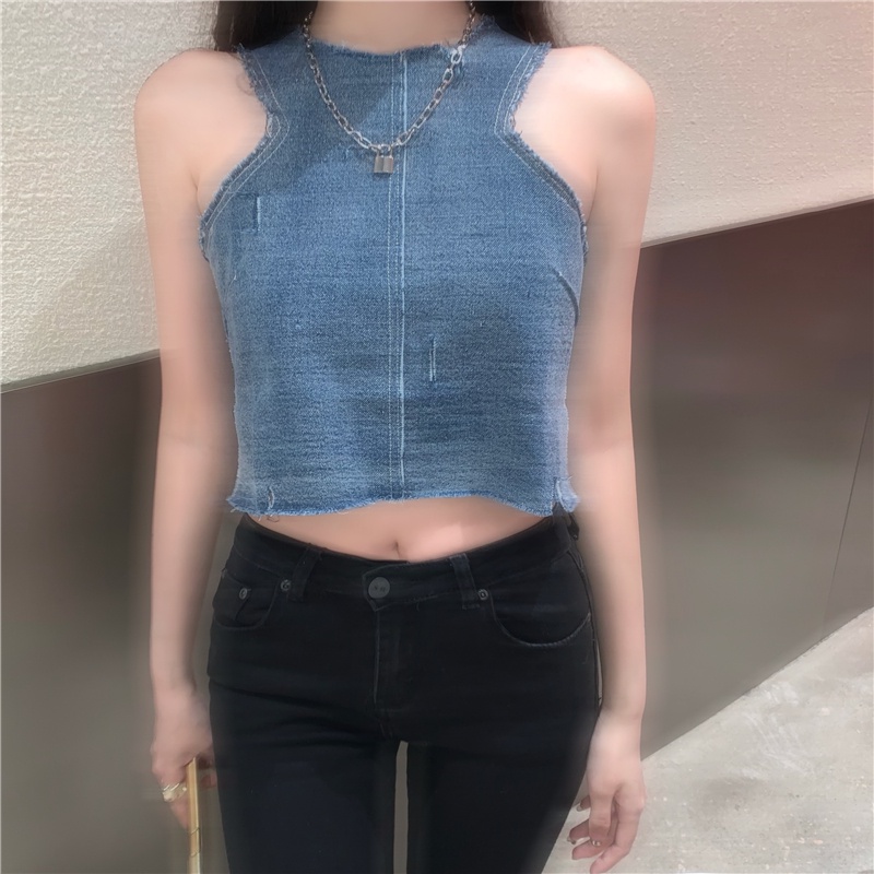 Suspender olahraga rompi denim tanpa lengan pendek dengan bagian bawah terbuka di bagian atas