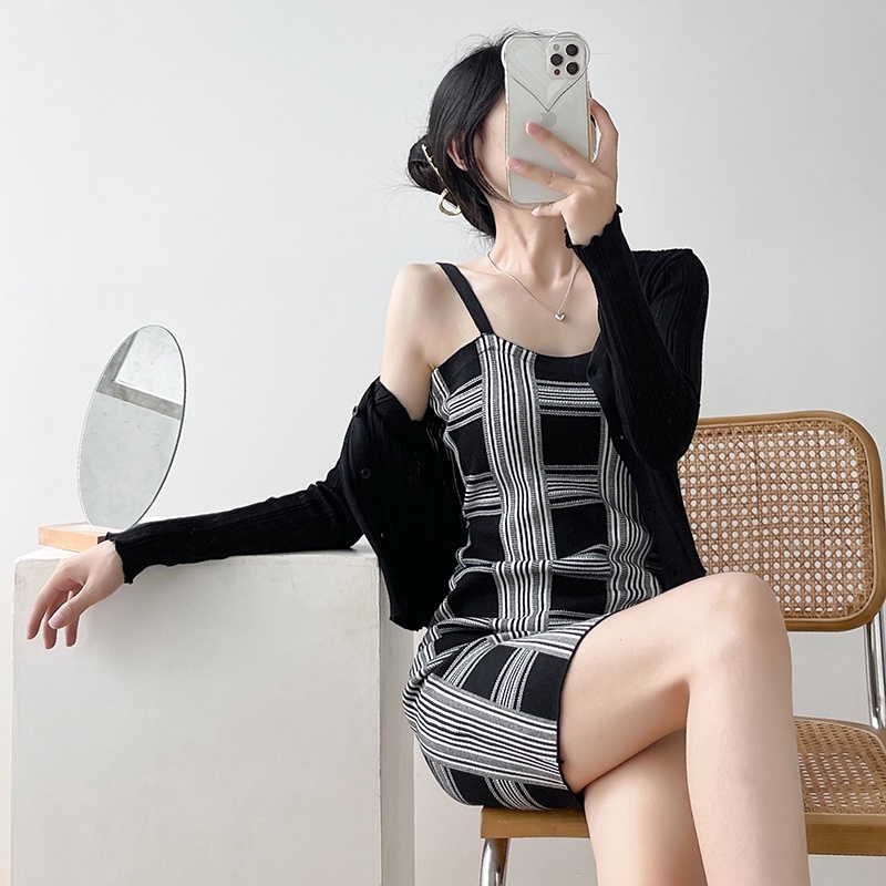 【Elegant】Korean  Checkerboard Plaid Knit Sleeveless Mini Dress 7488