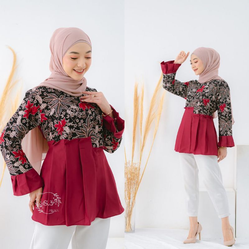 tey-17 Batik wanita ASJ SA HRB026 Kenongo Kemeja Tosca Pendek-Naura maroon
