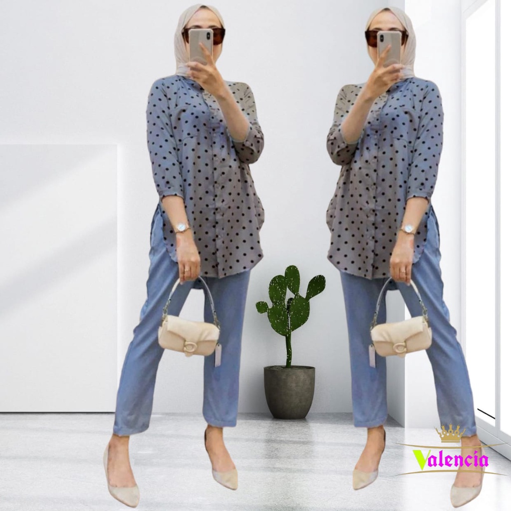 Berryset One Set Wanita Polkadot Shakila Kield Premium Baju Setelan Wanita Kekinian Set Celana Baggy Pants LD 110 cm