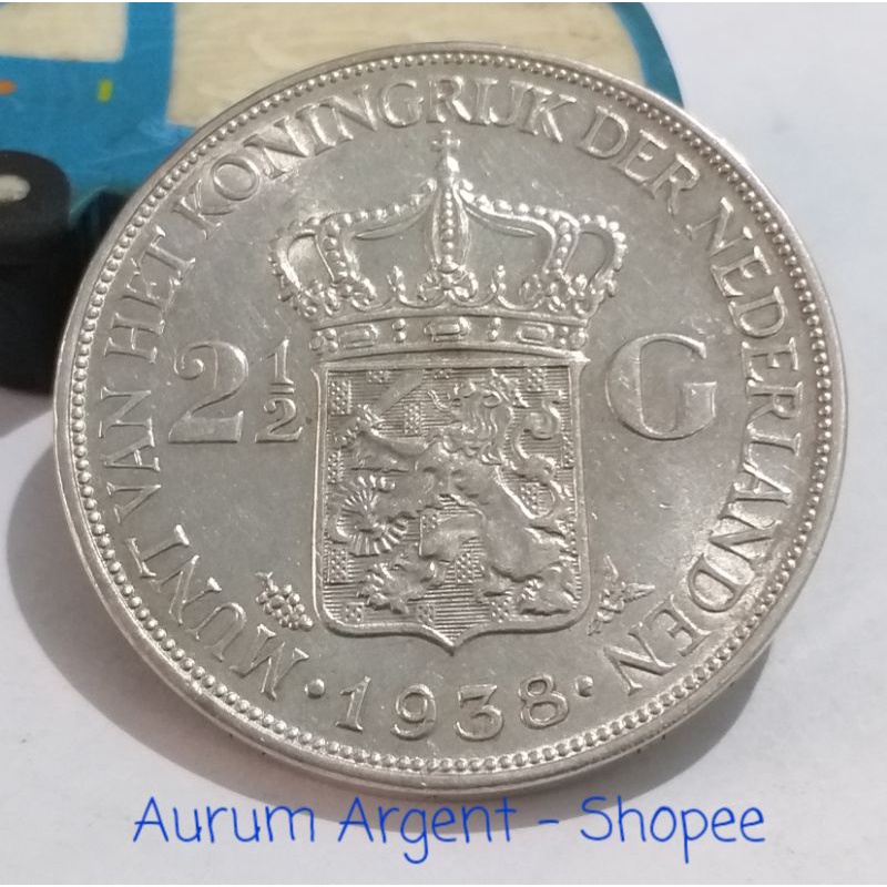 SWILH2.5G-65.. 1 PC KOIN PERAK KUNO ASLI 2.5 GULDEN WILHELMINA TH 1938.  -- SILVER COIN --