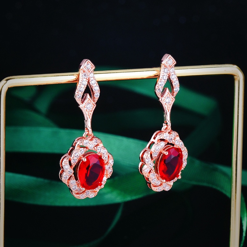 Anting Drop Panjang Bentuk Oval Kubik Zirkon Warna Merah Gaya Klasik Untuk Wanita