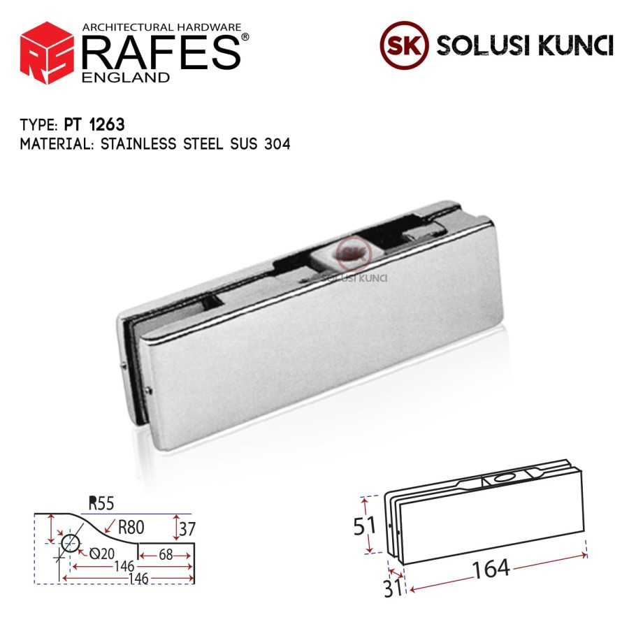 Patch Fitting Penjepit Pintu Kaca PT 20 RAFES Stainless Steel SUS 304
