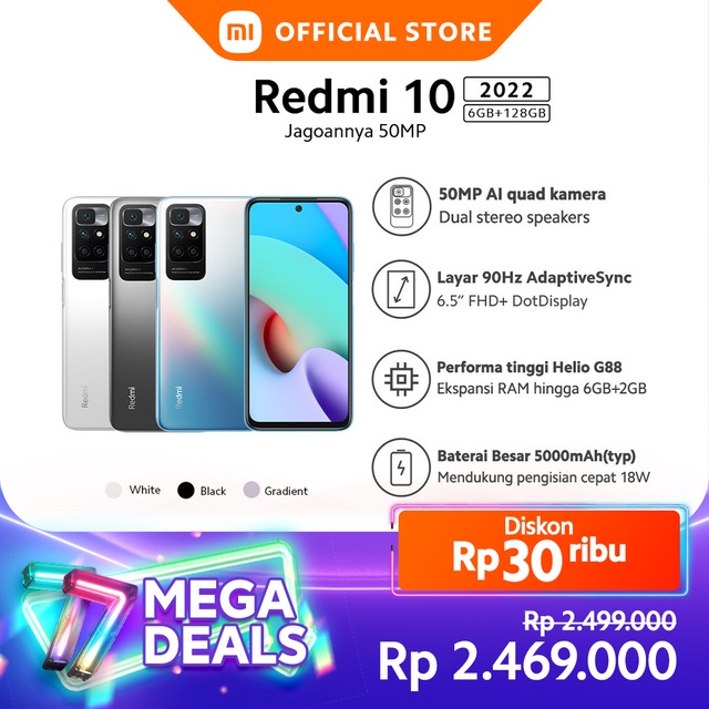 Redmi 10 2022 (6GB+128GB) Helio G88 50MP AI Quad Kamera Layar FHD+ 6,5