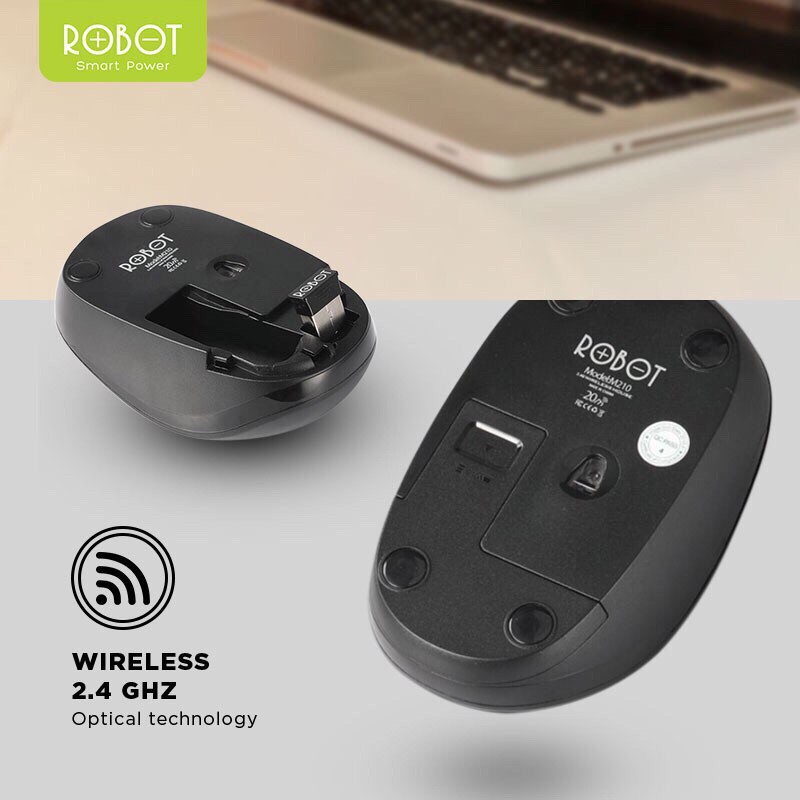 Mouse Wireless ROBOT M210 2.4GHz Optical 1600DPI dengan Receiver USB untuk PC Laptop Original Black