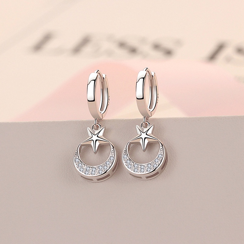 Anting Juntai Bentuk Bulan Bintang Bahan 925 Sterling Silver Untuk Wanita