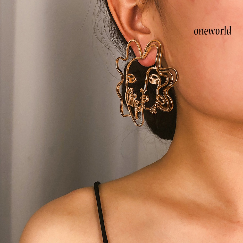 OW@ Creative Women Hollow Abstract Face Charm Statement Stud Earrings Party Jewelry