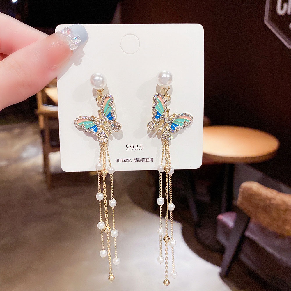 XiaoboACC Anting Gantung Panjang Tusuk Silver Sterling 925 Motif Kupu-Kupu + Rumbai + Mutiara Untuk Wanita