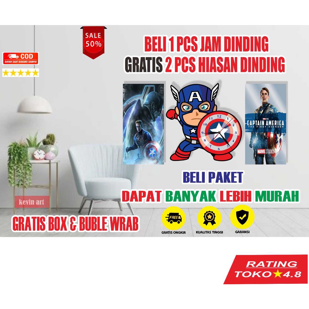 JAM DINDING TEMBOK KARAKTER BESAR UNIK DAN KEREN CAPTAIN AMERICA MARVELL MINIMALIS MEWAH AESTHETIC LUCU HIASAN DINDING 1 SET MURAH POSTER DINDING STIKER DINDING WALL DECOR ARTISTIK KAYU CUSTOM MODERN PROMO PALING LARIS NYALA HIASAN DINDING RUANG TAMU