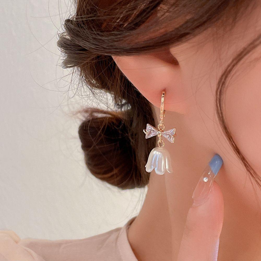 Mxbeauty Anting Hoop Wanita Trendi Untuk Perempuan Bunga Busur Zirkon Kristal Menjuntai Drop Earrings