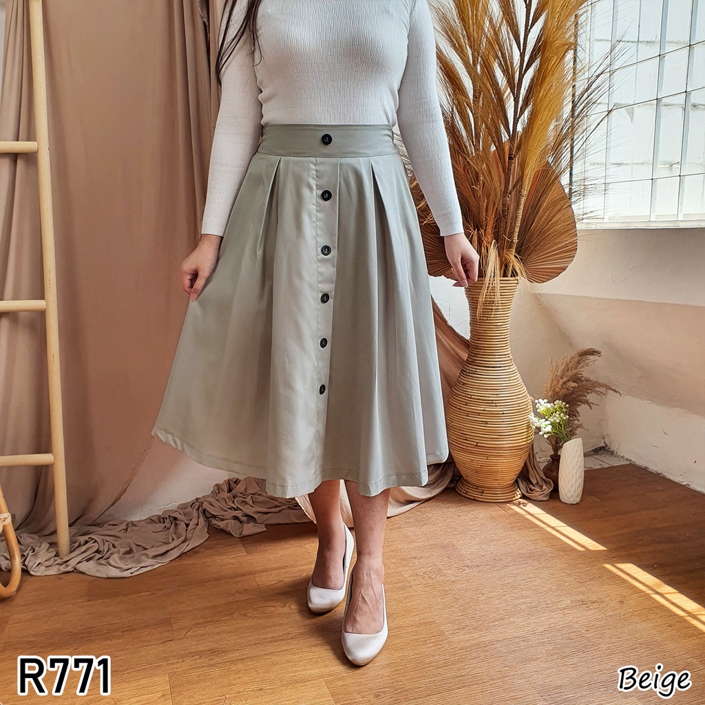 Rok polos wanita lebar midi plain skirt R771-BEIGE