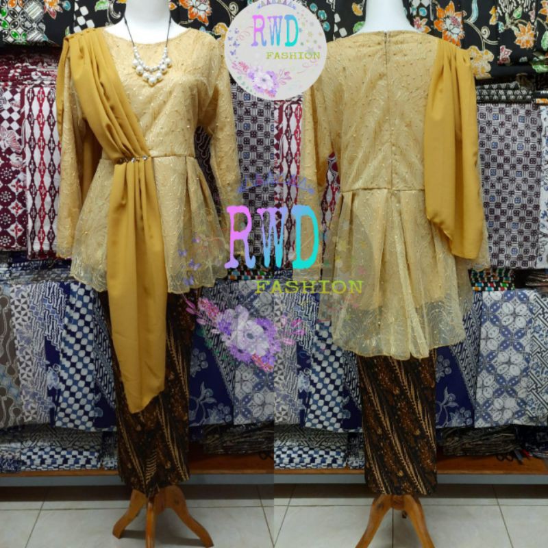 TERMURAH KEBAYA SLENDANG,KEBAYA MAURA,KEBAYA TILE,TERBARU,WISUDA,COUPLE ROK KEMEJA-Set kebya Gold