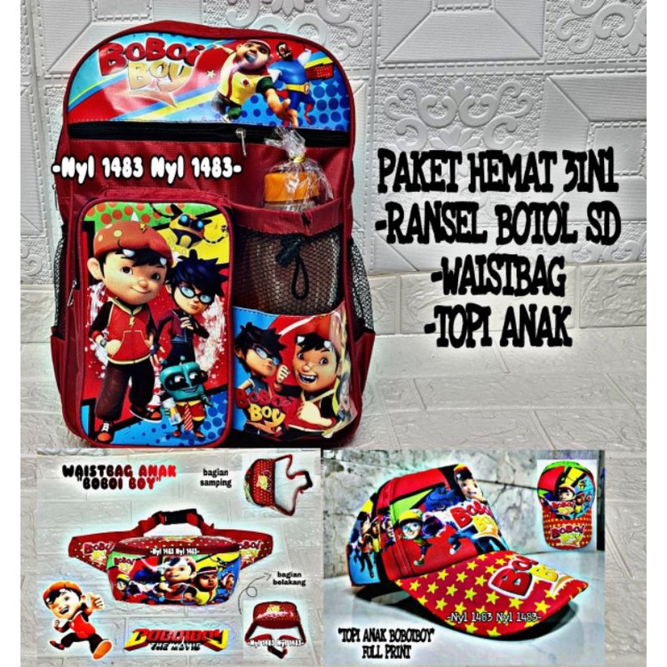 Paket 3in1 tas ransel anak sekolah SD / FREE tas waistbag dan topi anak