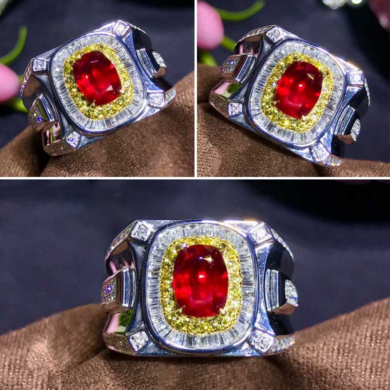 [Cherrye] Cincin Berlian Ruby Bertatahkan Platinum Baja Titanium Merah Kristal Emas Perak Fashion Pria Wanita Rings