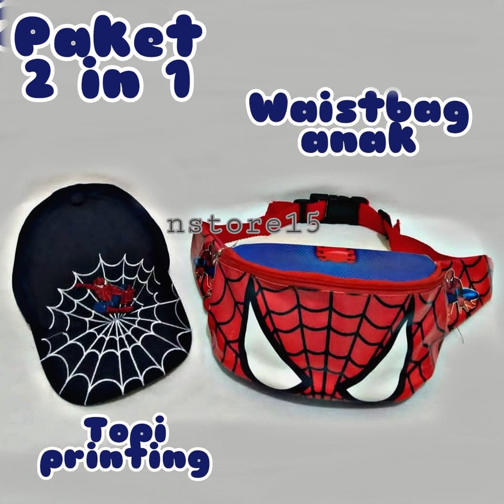 (COD) PAKET 2IN1 TOPI &amp; TAS PINGGANG ANAK LAKI-LAKI SPIDERMAN / WAITSBAG ANAK KEREN / TAS ANAK MURAH