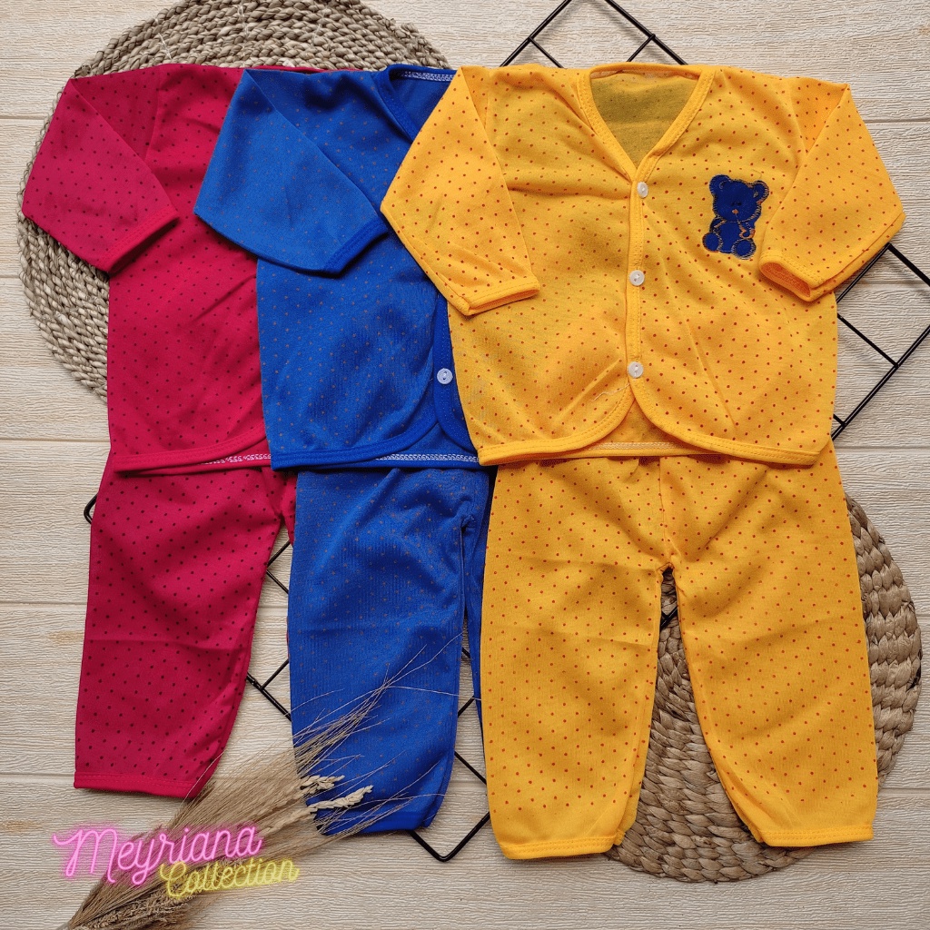 3 Setelan Baju Bayi Lengan Panjang Motip Polkadot Usia 0-6 Bulan Meyriana Collection