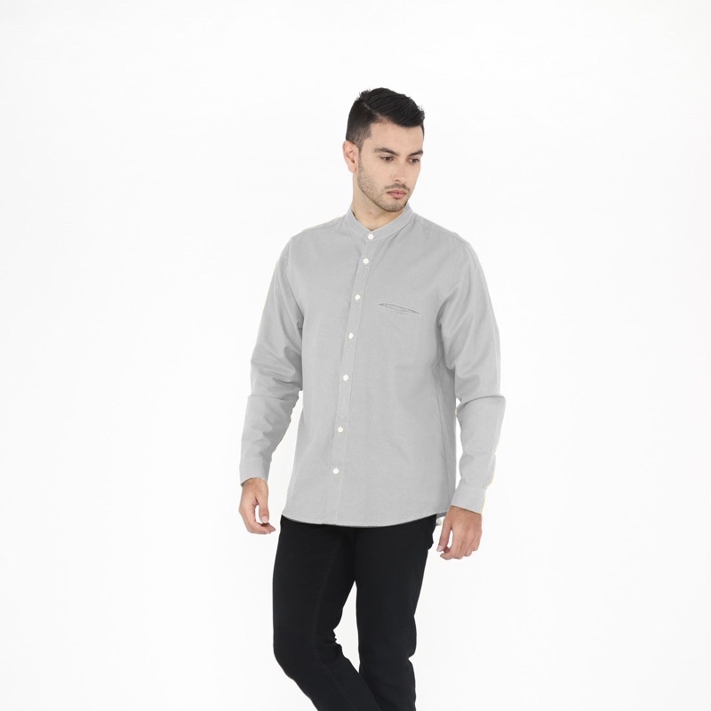 Yobebee Kemeja Pria Dewasa Linen Tangan Panjang Baju Muslim Atasan Polos Slim Fit Kemeja Koko Chiangi Kerah Laki Laki Baju Couple Anak dan Ayah-Grey