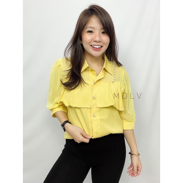 MDLV ~ 7840# Pdk Elaine Layered Short Sleeve Shirt Atasan Blouse Pearl Kemeja Premium Fashion Import