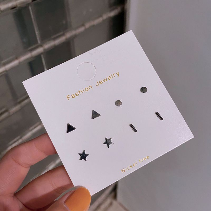 4 Pasang / set Anting Tusuk Motif Geometri Simple Warna Hitam Untuk Pria / Wanita