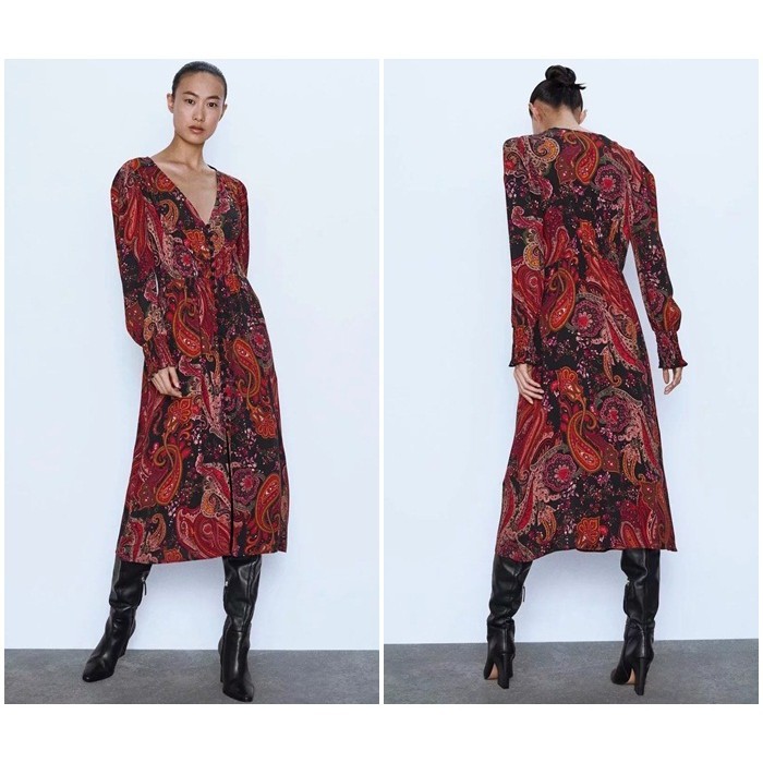 [baju wanita korea]  Long Dress Midi Batik Lengan Panjang Tunik Wanita Korea