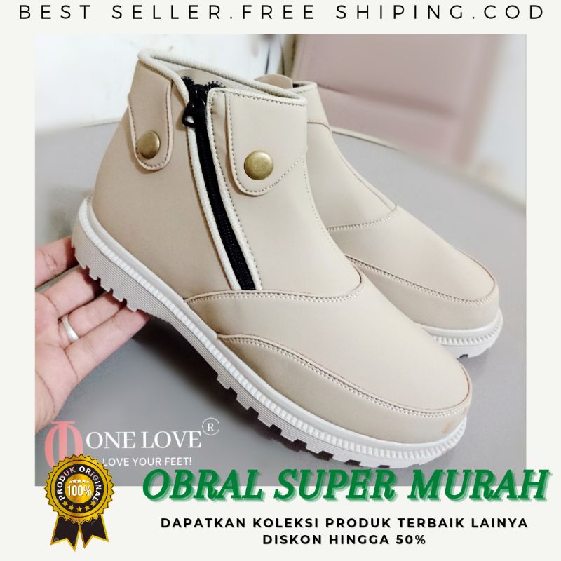 Sepatu Ankle Boots Wanita Resleting One Love Original Branded Murah Keren Kulit Sintetis Import
