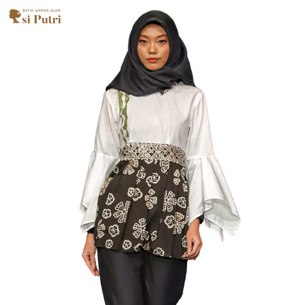 Jual Atasan Blouse Wanita Motif Batik Kombinasi Simple Minimalis Lengan Panjang Model Flared