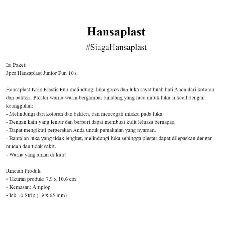 Hansaplast plaster luka anak junior fun kain elastis /hansaplas plester anak bayi 10 lembar