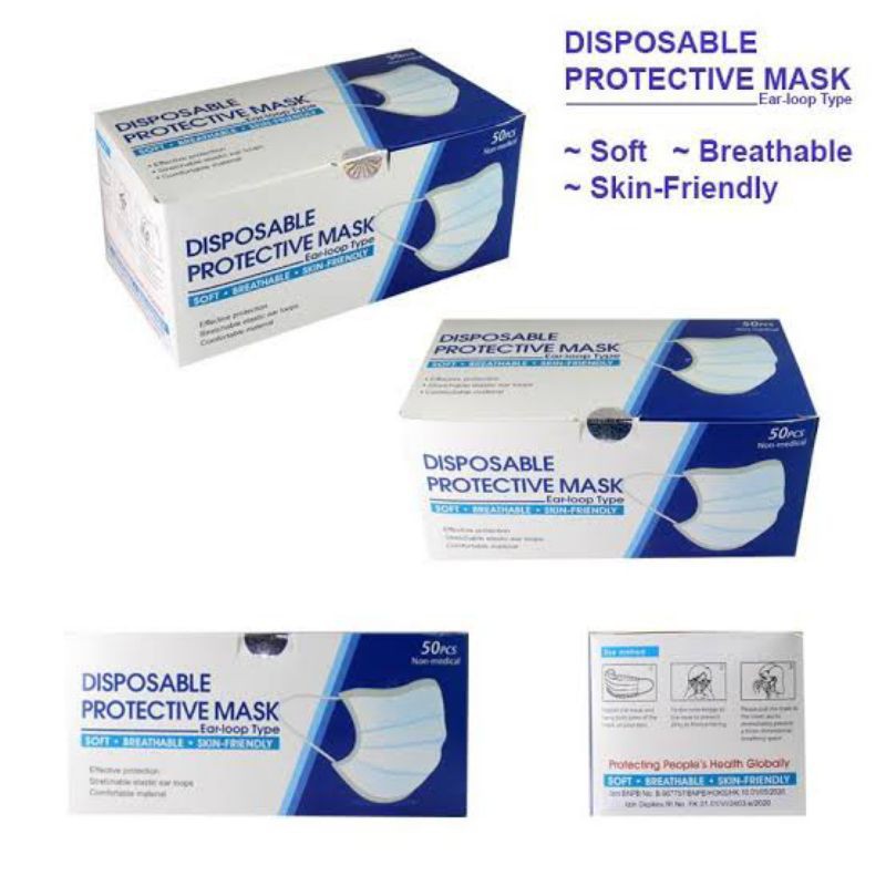 Masker Disposable 1Box Earloop 50pcs Protective Mask 3ply non Medis Headloop Hijab BNPB