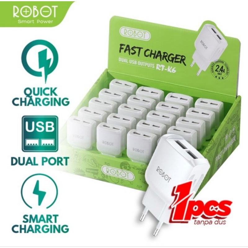 Adapter Robot RT-K6 2.4A Dual Output Charger Fast Charging - Putih