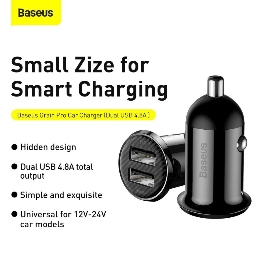 Baseus Grain Pro Car Charger Mobil Dual USB Port 4.8A Mini Compact