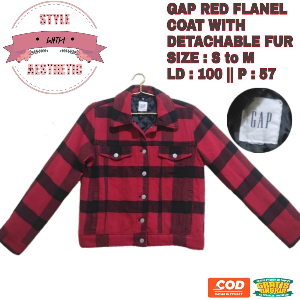 GAP RED FLANEL COAT WITH DETACHABLE FUR - MANTEL - BLAZER - JAKET - COD/INSTANT/SAMEDAY - [FREE GIFT