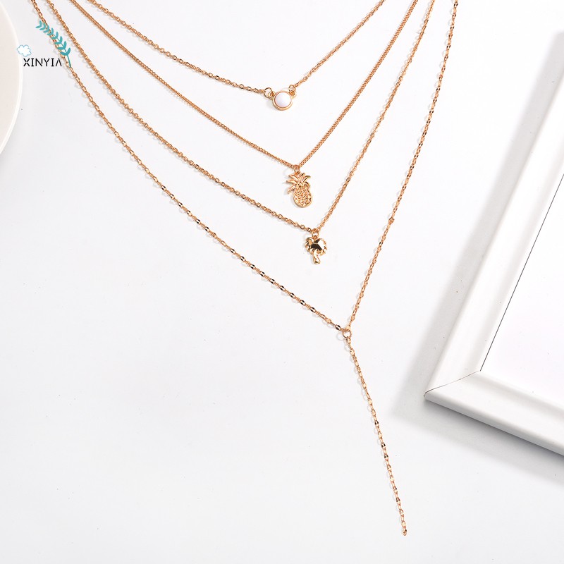 Ins Angin Kalung Empat Lapis Kalung Nanas Pohon Kelapa Rantai Klavikula Necklace