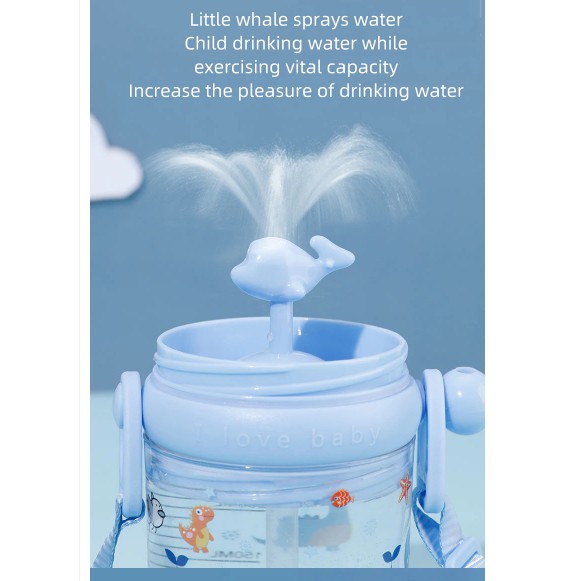 Botol Minum Anak Air Mancur Paus Sedotan, Tutup Sedotan dan Tali Panjang BPA FREE 260ml (B819-2)