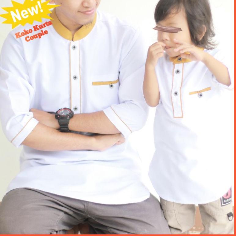 Baju Koko Kurta Pria Couple Ayah dan Anak laki laki Mustard putih Lengan 3/4 Bahan Toyobo Royal Mix 