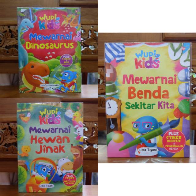 Buku Mewarnai Wudi Kids Hewan Jinak Dinosaurus Stiker Benda