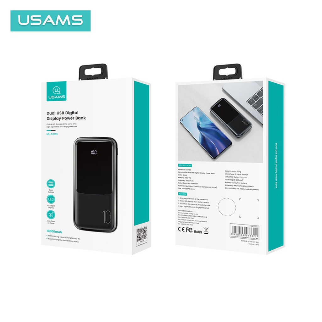 USAMS PB58 Powerbank 10000mAh Broad LED Display Dual Input 2A