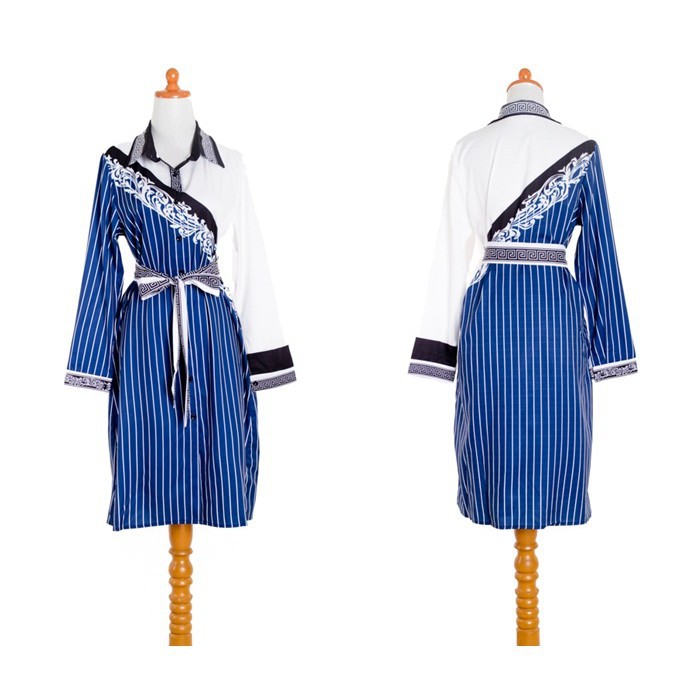 [baju wanita korea]  Midi Dress Lengan Panjang Wanita Korea Import Garis Biru Putih