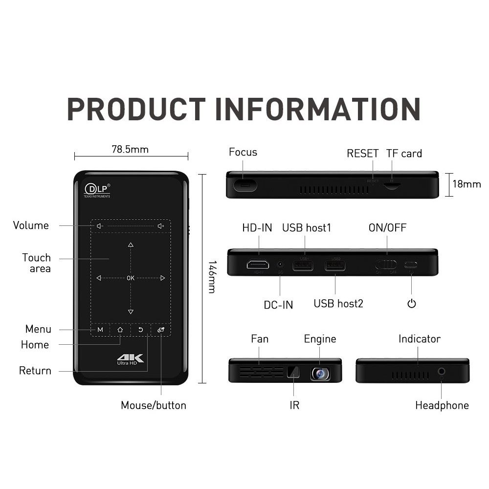 P09-II - Mini DLP Projector 4K HD 50ANSI Lumens - 1GB/8GB Version - Proyektor Mini Berteknologi DLP dengan Tripod