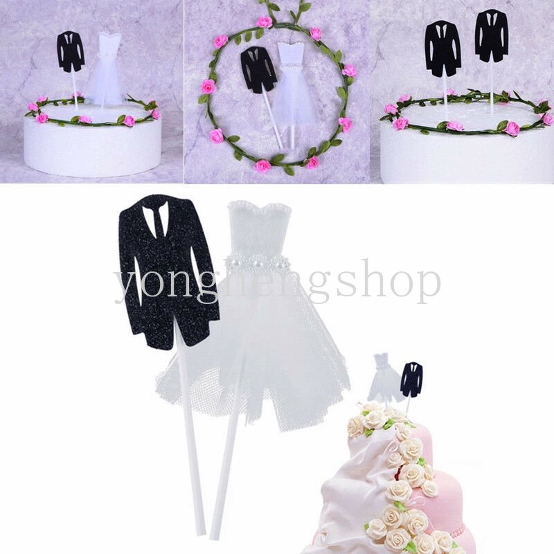 2pcs / set Topper Kue Desain Tuxedo Gaun Pengantin Untuk Dekorasi Pesta Pernikahan