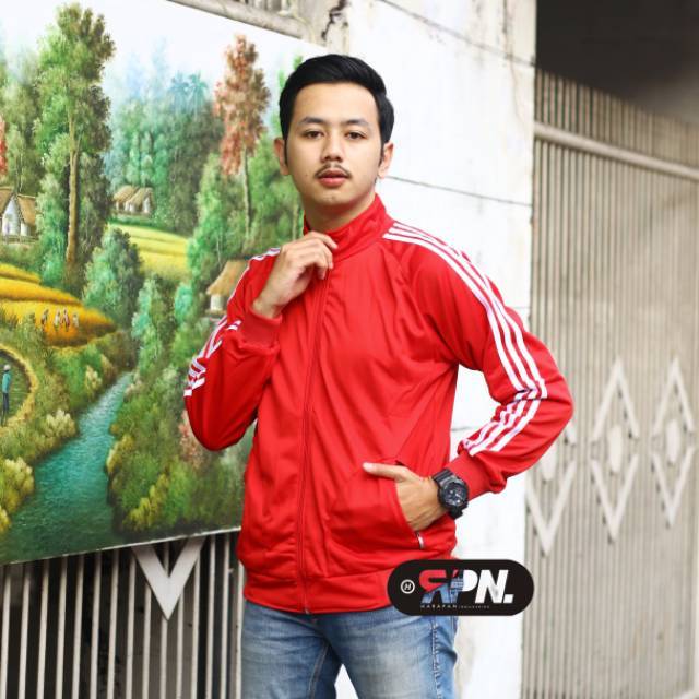 jaket track top polos merah indonesia timnas saku ada resleting bahan tidak panas pria wanita