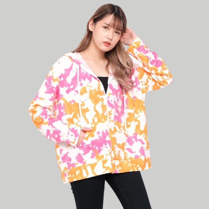 Jaket Wanita Monellina FIYAH Jaket Hoodie Tie Dye XXL Jumbo Wanita - Orange, L(B4I7) Hoodie Wanita T