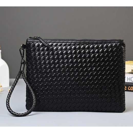 Tas Genggam Kulit Motif Anyam Kulit Leather Clutch Bag - K1225 - Black