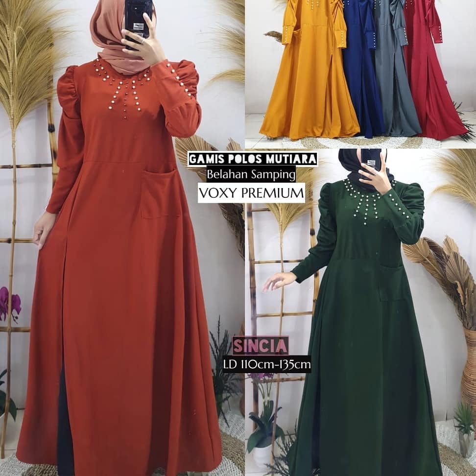 Gamis Kerah Mutiara Lengan Puffy ( Real Pic ) Gamis Mutiara Terbaru LD 110-120Cm