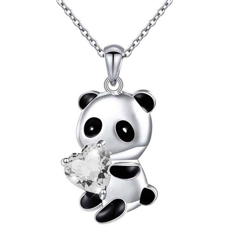 Kalung Rantai Liontin Panda Hati Aksen Berlian Warna Silver Untuk Aksesoris Sweater