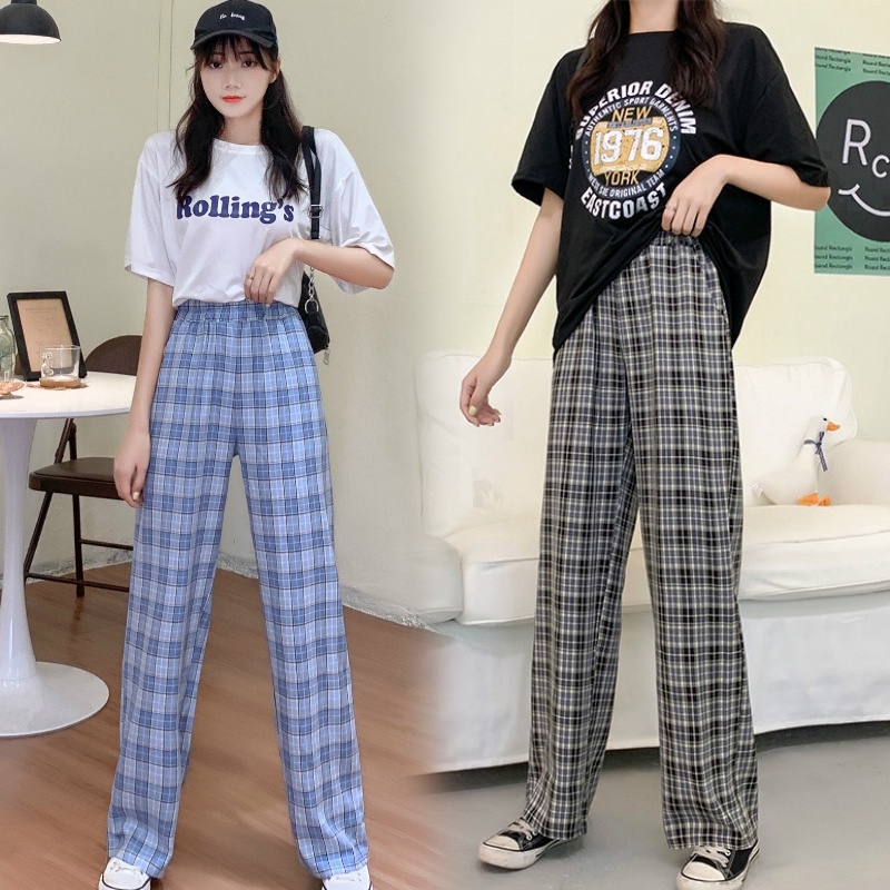 MOOGU ♡ Celana baggy wanita korea long pants tipis kotak celana