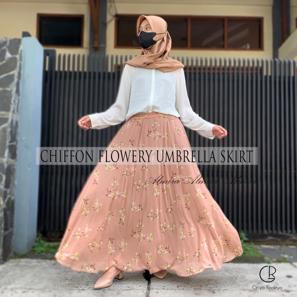 Rok Panjang Wanita Payung Muslimah  Sifon Flowery Chiffon Umbrella Skirt Bunga Griyaraditya Almira